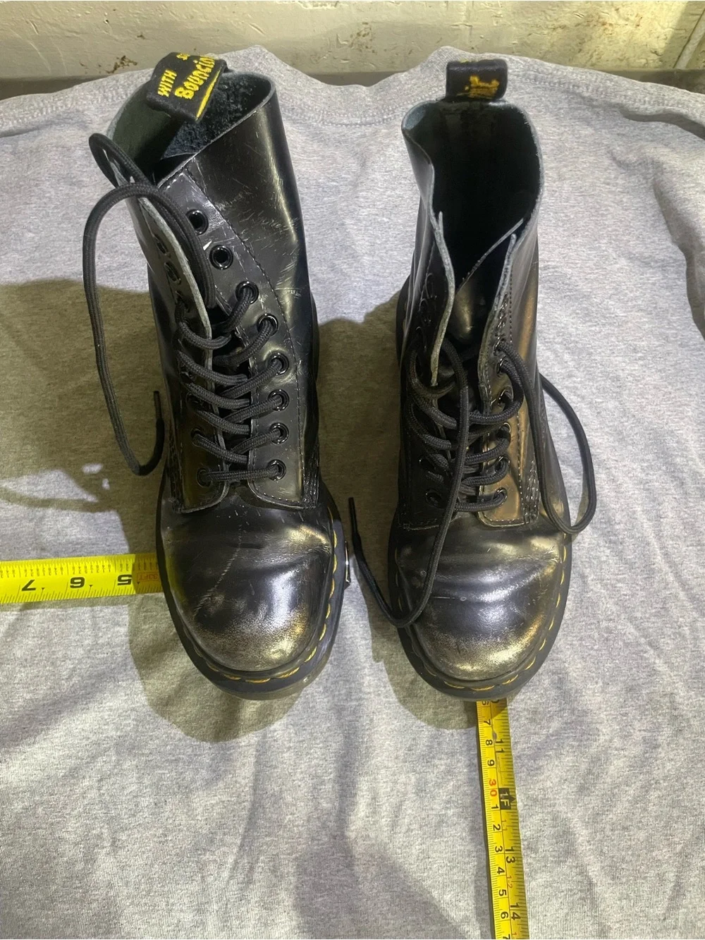 Dr. Martens Black Leather Lace-Up Boots with Yellow Stitching